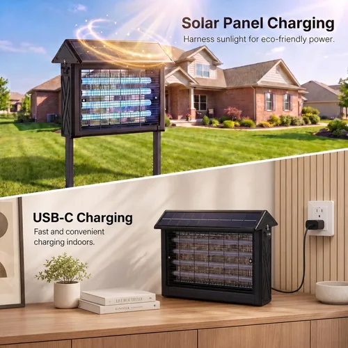 Vista 9 de Exterminador solar de insectos 2026 al aire libre Impermeable: 4500 V Mosquito Zapper con panel solar de 14 W, Asesino de mosquitos de Negro
