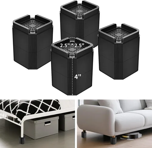 Vista 11 de Paquete de 4 elevadores de muebles ajustables de 2 pulgadas, elevadores de cama cuadrados, elevadores de cama resistentes, elevadores apilables