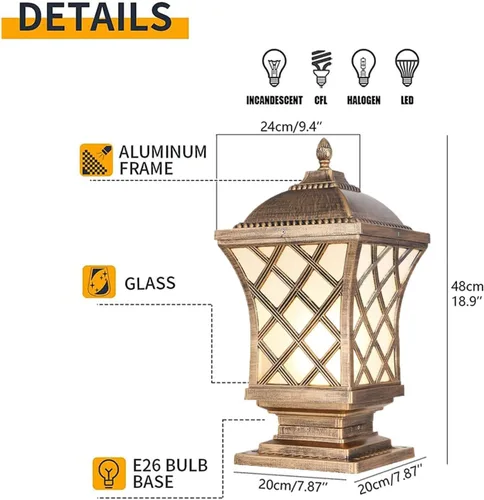 Vista 7 de Luces de columna para exteriores, luces de pilar modernas, impermeables, para exteriores, E26, de aluminio, para valla, jardín, parque, iluminación