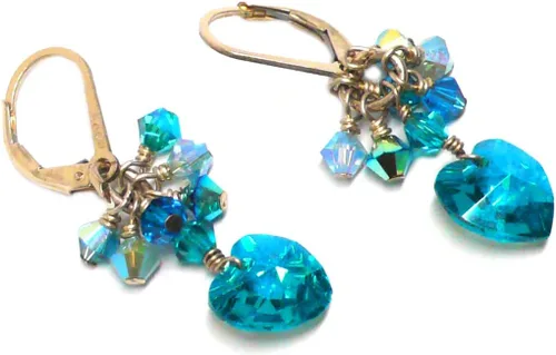 Vista 3 de 10x10mm Crystal Heart Blue Zircon Cluster Drop Earrings Gold-Filled