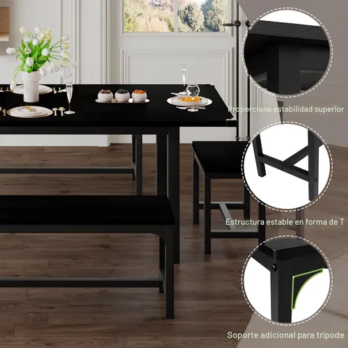 Vista 6 de Feonase Juego de mesa de comedor de 5 piezas para 4-8 personas, juego de mesa de cocina grande extensible de 63 pulgadas con 2 bancos y 2 taburetes