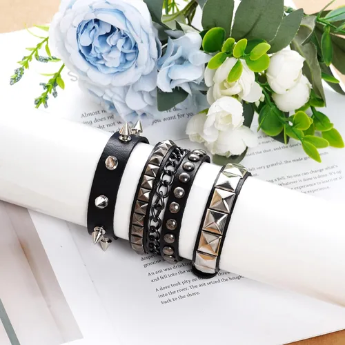 Vista 6 de cnomg 3 pulseras de cuero punk rock punk rock con tachuelas, pulsera de cuero con púas para mujeres y hombres, pulsera gótica de los años 80