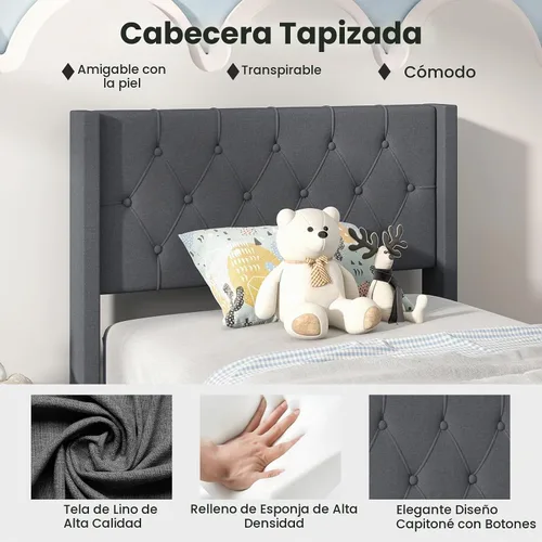 Vista 3 de Giantex Base de cama de plataforma de tamaño individual con respaldo de alas, base de cama tapizada de tela con cabecera capitonada con botones