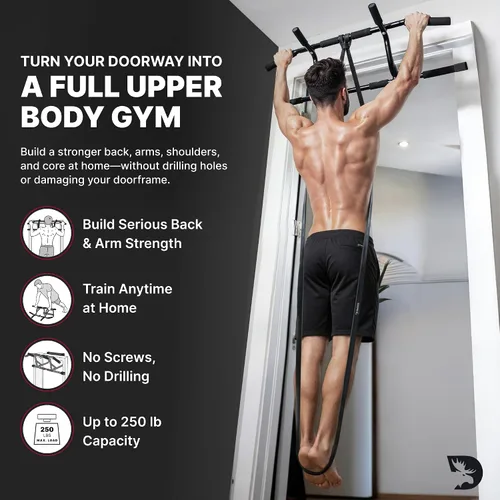 Vista 2 de DMoose Fitness Pull Up Bar for Doorway - Upto 250 Lbs Capacity, No Screwing or Slipping, Hanging Pullup & Chin Up Bar for Door Frame - Multi Padded