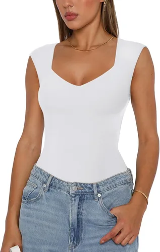Vista 2 de REORIA Butsmooth - Camiseta sin mangas con cuello en V para mujer, sexy, sexy, casual, con doble forro, sin mangas, adelgazante, para salir