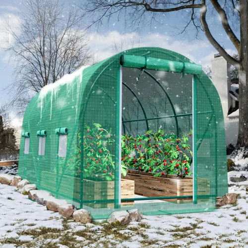 Vista 7 de Grezone Invernadero de Paso Mejorado Casa Verde con Puertas de Malla con Doble Cremallera y 6 Ventanas de Malla Plástico Resistente Casa Cálida