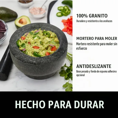 Vista 2 de GORILLA GRIP Juego de mortero y mazo de servicio pesado con base antideslizante, 100% piedra de granito molcajete tazón de guacamole, moler semillas