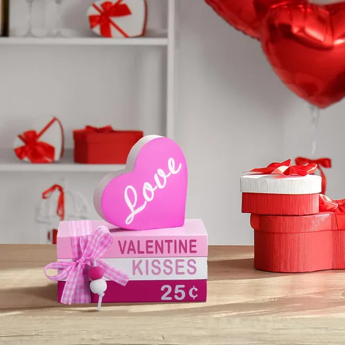 Vista 2 de 4 piezas de madera para el día de San Valentín, mini libros de corazón de San Valentín, letreros de mesa, decoración de bandeja escalonada de San