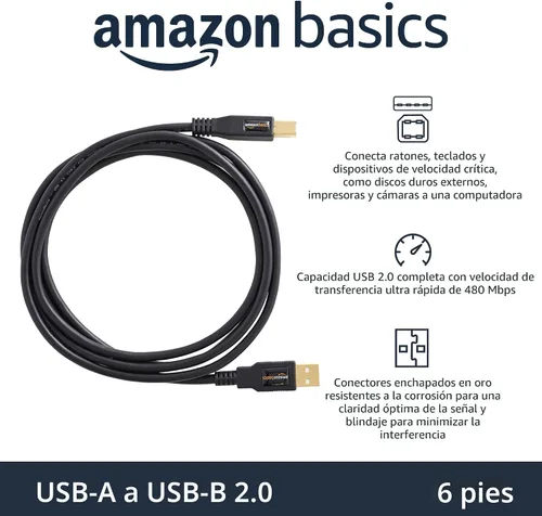Vista 2 de Amazon Basics Cable USB-A a USB-B 2.0 para impresora o disco duro externo, compatible con computadora, conectores chapados en oro, negro, 1,8 m
