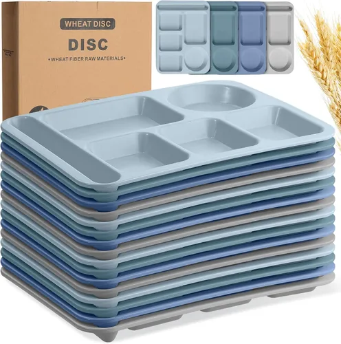 Vista 9 de Uiifan 16 platos divididos de trigo grandes de 14.2 pulgadas para adultos, bandejas irrompibles con compartimentos, platos, bandejas de cafetería