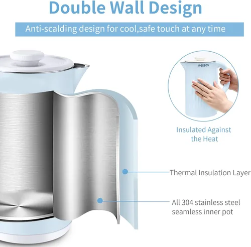 Vista 3 de Hervidores eléctricos de acero inoxidable para agua hirviendo, calentador de caldera de agua caliente de doble pared, tetera eléctrica Cool Touch