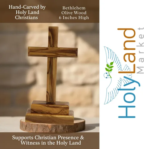 Vista 8 de Holy Land Market Cruz de altar de pie de madera de olivo de 6 pulgadas, tallada a mano en Belén por artesanos cristianos, crucifijo de mesa
