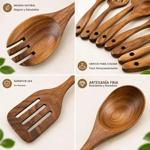 Vista 4 de Juego de utensilios de cocina de madera de teca prémium de 8 piezas, resistentes al calor, ligeras y resistentes, cucharas de madera para utensilios