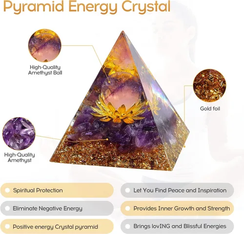 Vista 3 de Hopeseed Pirámide de cristal de orgón para energía positiva, flor de la vida, cristales curativos de amatista de orgonita pirámide para reducir