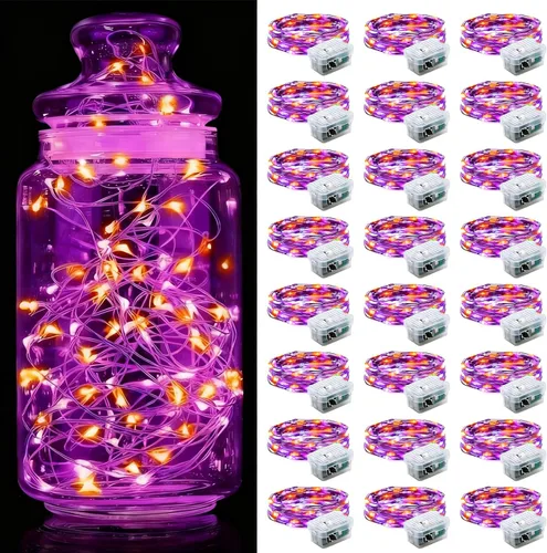 Vista 11 de Aogist Paquete de 24 luces de hadas, 3 modos, 2,1 metros, 20 luces LED, impermeables, cable plateado, funcionan con pilas, mini luces de alambre