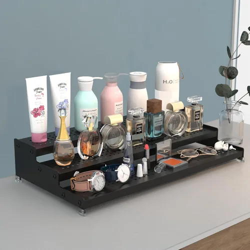 Vista 5 de Organizador de especias expandible con estante de 3 niveles, diseño moderno resistente, antideslizante y visibilidad, ideal para gabinetes de Negro