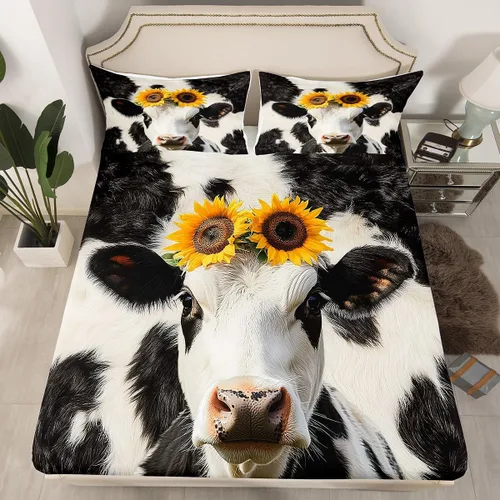 Vista 3 de Erosebridal Sábanas de cama con estampado de vaca, tamaño individual, juego de sábanas de girasol, juegos de sábanas y fundas de almohada con Multi