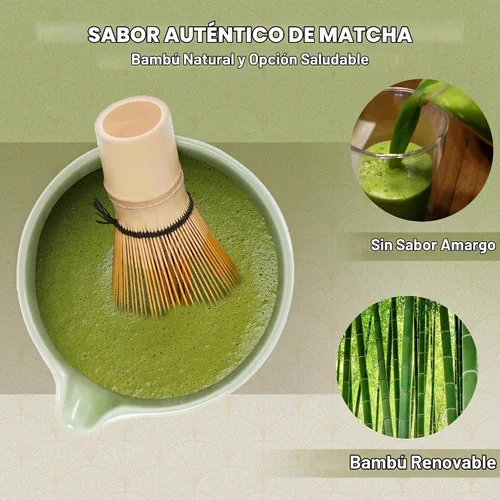 Vista 2 de Batidor y cuenco de matcha con soporte de batidor de cerámica, tamiz de matcha, cuchara y cuchara de matcha hecho a mano de bambú natural, kit