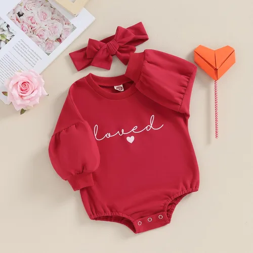 Vista 18 de Traje de bebé niña para el primer día de San Valentín, mameluco de burbujas con cuello redondo, sudadera linda para primavera y otoño