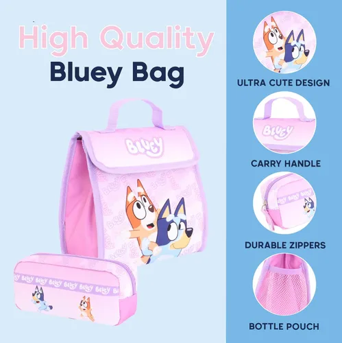 Vista 5 de Mochila Bluey para niñas, color rosa, juego de 3 piezas con lonchera y estuche para lápices