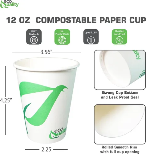 Vista 3 de EcoQuality Vasos de papel compostables de 12 onzas, tazas de café de papel blanco biodegradables desechables con forro de ácido poliláctico (PLA)