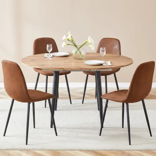 Vista 22 de FURNITO Juego de mesa de comedor de madera para 4, mesa extensible redonda a ovalada de 42 a 54 pulgadas con 4 sillas de tela, juego de comedor 4