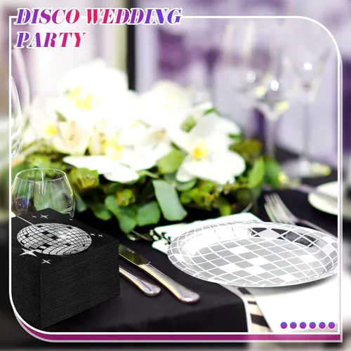 Vista 5 de Funtery 200 platos de discoteca y servilletas de los años 70 y 80, incluye platos de papel de bola de discoteca y servilletas para 100 invitados