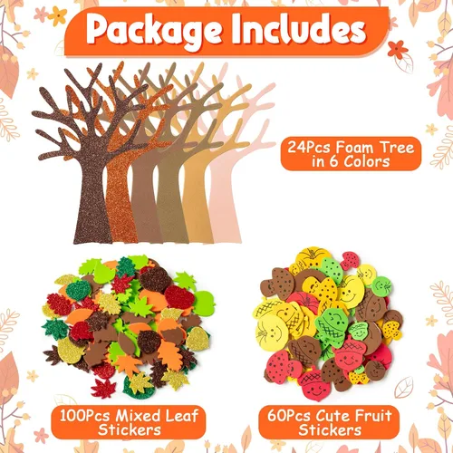 Vista 3 de 3sscha 24 Pack Calcomanías de espuma de árbol de otoño para manualidades para niños DIY autoadhesivas en forma de hoja, calabaza, bellota