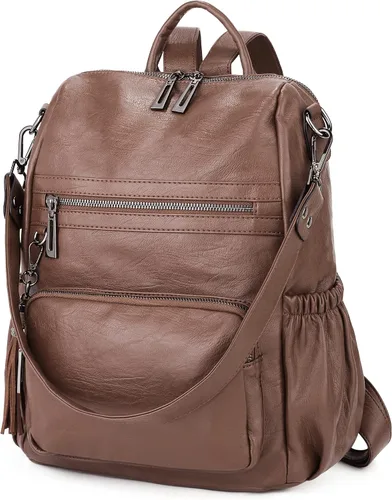 Vista 6 de UTO Mochila de cuero vegano para mujer, diseño de moda, convertible con borla, para viajes, con borla