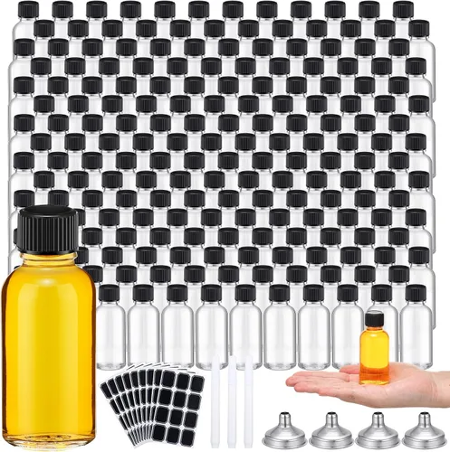 Vista 9 de Hsei Botella de vidrio de 1 oz con tapa negra, botella redonda Boston transparente para muestras, recipientes de vidrio pequeños con tapas y embudo