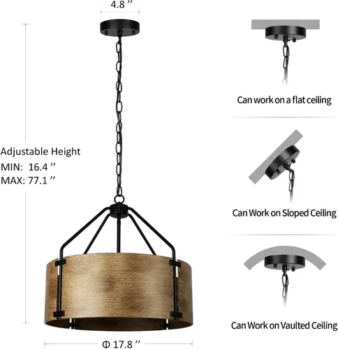 Vista 6 de CNRATYE Candelabro de tambor de granja de 4 luces, lámpara colgante redonda de metal industrial rústico para comedor, vestíbulo, entrada, cocina