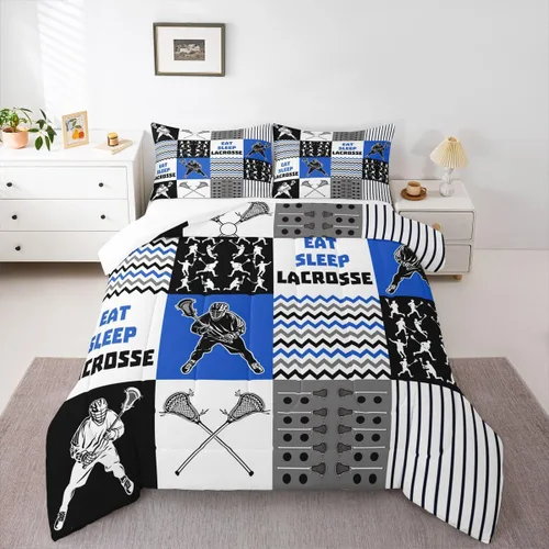 Vista 9 de Lacrosse - Juego de edredón de juegos deportivos para niños y niñas, jugadores de hockey, relleno de edredón ligero de hockey negro con llama