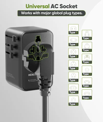 Vista 5 de Adaptador de viaje universal GaN de 70 W con cable USB-C retráctil, cargador de pared rápido para MacBook Pro/Air, portátiles, enchufe internacional