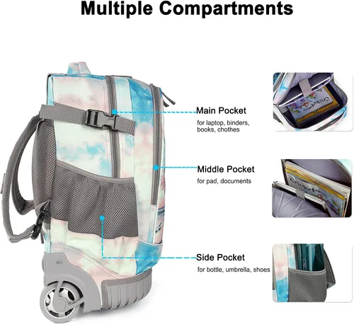 Vista 3 de Tilami Mochila rodante con diseño de ruedas de carretilla, lindo estampado de dibujos animados para niños y niñas, viajes, escuela, viaje