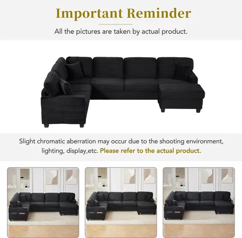 Vista 3 de Sofá modular de 125.2 pulgadas, sofá tapizado en forma de U con otomana móvil y bolsillos laterales de almacenamiento para sala de estar, color negro