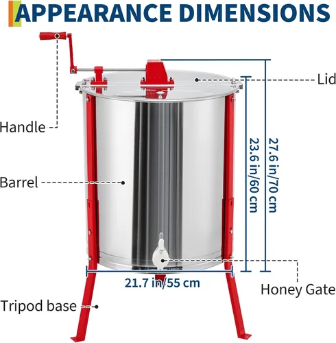 Vista 7 de Large 4 Frame Manual Honey Extractor, Stainless Steel Beekeeping Equipment with Adjustable Legs & Clear View Lid, Food Grade Honey Spinner for