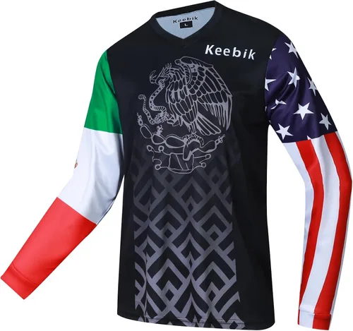 Vista 2 de Keebik Camiseta de ciclismo para hombre, camiseta de MTB de manga larga, México Mountain Bike Motocicleta, Carreras, Ropa