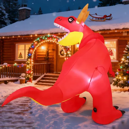 Vista 5 de COMIN - Adornos inflables de Navidad de 1.8 m para exteriores, dinosaurio con cuernos navideños, inflables con LED integrados para decoración