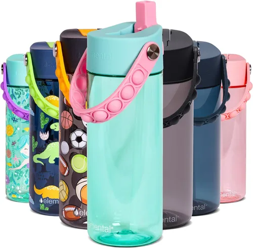 Vista 15 de Elemental Botellas de agua para niños – Botella de agua para niños Splash para la escuela con mango Pop-it – Botella de agua de plástico Tritan sin