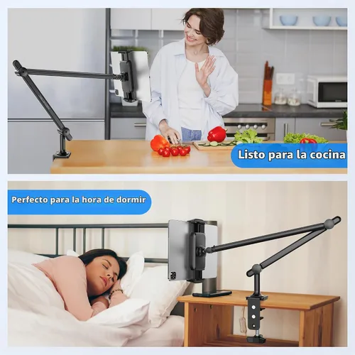 Vista 5 de AboveTEK Soporte para tablet para escritorio y cama, brazo de aluminio para iPad con abrazadera giratoria de 360°, soporte ajustable para teléfono