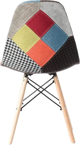 Vista 6 de Silla de comedor moderna de mediados de siglo tapizada de plástico multicolor Patchwork DSW Shell con patas Eiffel de clavija de madera