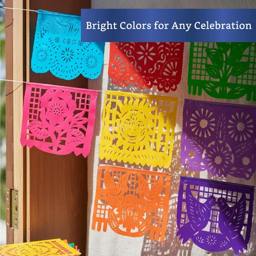 Vista 4 de Pancartas de fiesta mexicana (paquete de 5 con 10 banderas de plástico por bandera), papel picado mexicano para fiesta, papel picado de plástico