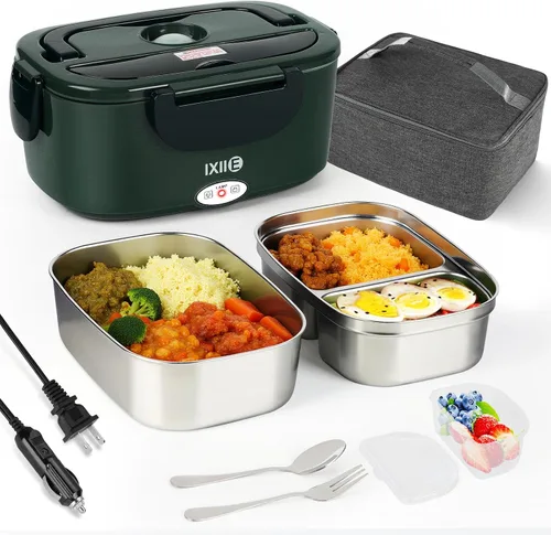 Vista 9 de IXIIE Lonchera eléctrica de 80W, calentador de alimentos para el trabajo, 12V/24V/110V, lonchera portátil para adultos con 2 envases de acero
