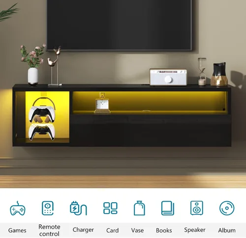 Vista 5 de DlandHome Soporte flotante para TV con luz LED, consola multimedia de 39.3 pulgadas, estante flotante para debajo del televisor con estante