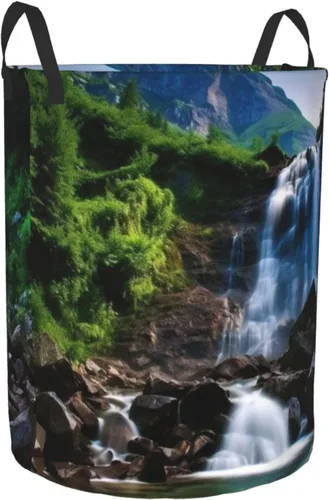 Vista 2 de Scenic mountain waterfall print Circular Hamper Waterproof Storage Bin Organizer Basket Laundry Hamper With Handles For Clothes Toys Small