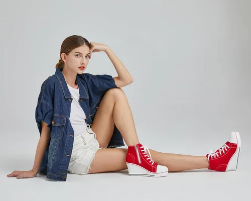 Vista 6 de Zapatos deportivos de cuña para mujer, plataforma de tacón alto, zapatos de lona con cordones y cremallera, zapatos de tenis de plataforma