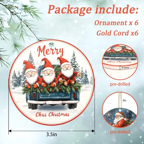 Vista 2 de Juego de 6 adornos colgantes de Navidad, adornos de Papá Noel de 3.4 pulgadas, adornos colgantes de cerámica para decoración del árbol de Navidad