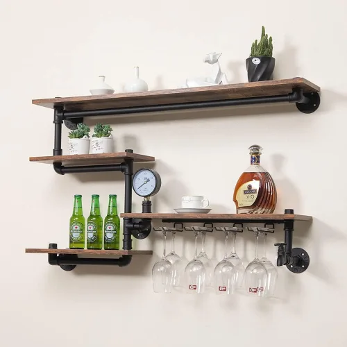 Vista 13 de KaKaBB Estante de vino montado en la pared, estantes de metal de 47 pulgadas de 2 niveles con soporte para vidrio, capacidad para 30 botellas y de 6
