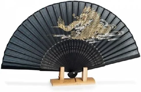 Vista 3 de Zen Minded Abanico plegable tradicional japonés - Dragón negro en seda y bambú