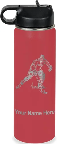 Vista 9 de LaserGram Botella de agua personalizada, jugador de hockey, acero inoxidable de doble pared aislada al vacío con popote superior, regalo grabado